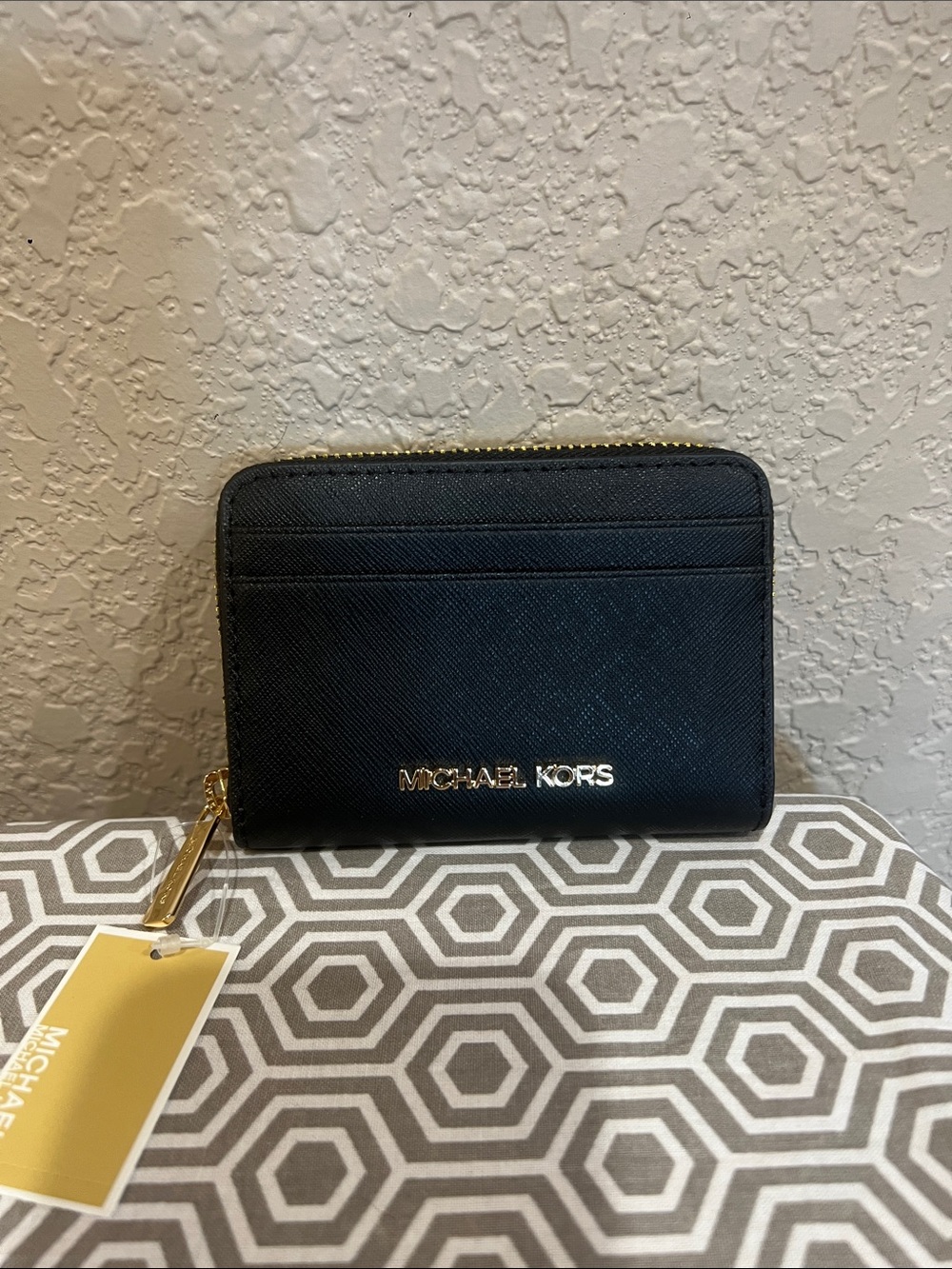 MICHAEL Michael Kors Black Saffiano Zip Card Case with Gold Hardware